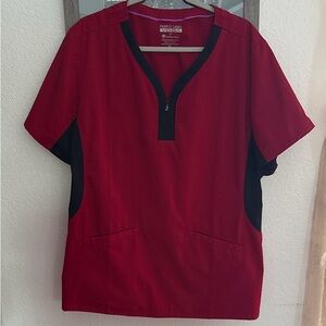Purple Label Yoga Scrub Top by Healing Hands, Red and Black in color.